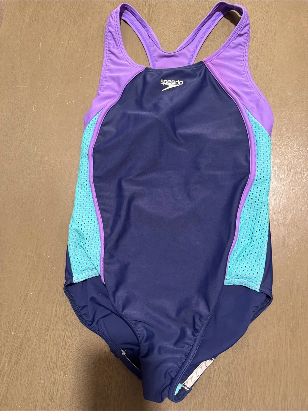 Speedo Navy One-Piece with Purple & Aqua Panels size 12